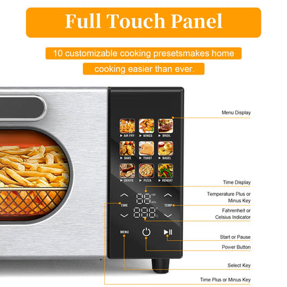 SEEDEEM 10-in-1 Air Convection Toaster Oven, 15L Convection Toaster Oven Cooker with Color LCD Display and Touch Screen, Toaster, Air Fryer, Dehydrate, 4 Accessories Included, 1800W, Silver