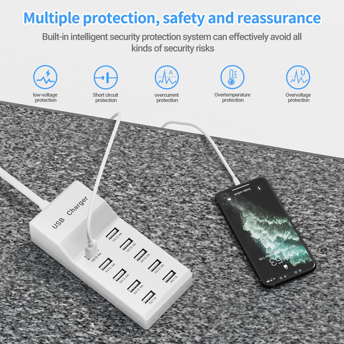 Estación de carga WUCOHATI: concentrador de carga USB de 10 puertos, cargador multipuerto inteligente, cable de extensión de 70,8 pulgadas, compatible con diversos dispositivos, como teléfonos, cámaras, auriculares Bluetooth, tabletas, etc. (1 unidad)