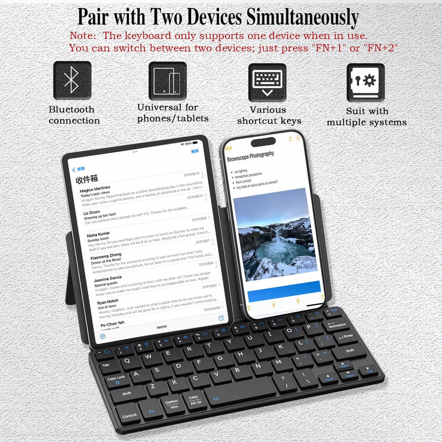 Teclado inalámbrico portátil ultraligero Luntak, miniteclado Bluetooth delgado multidispositivo con soporte angular y funda de cuero, teclado de viaje plegable recargable para iPad/PC/Android/Windows/iOS (negro)