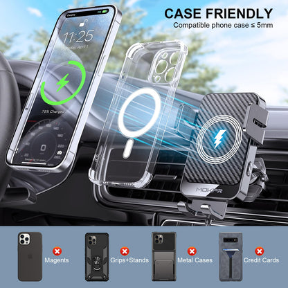 Cargador inalámbrico para coche MOKPR de 15 W, carga rápida, sujeción automática, soporte para teléfono en la rejilla de ventilación, compatible con iPhone 16/15/14/13/13 Pro/12 Pro/12/11, Samsung Galaxy S23/S22/S21/S20, etc.