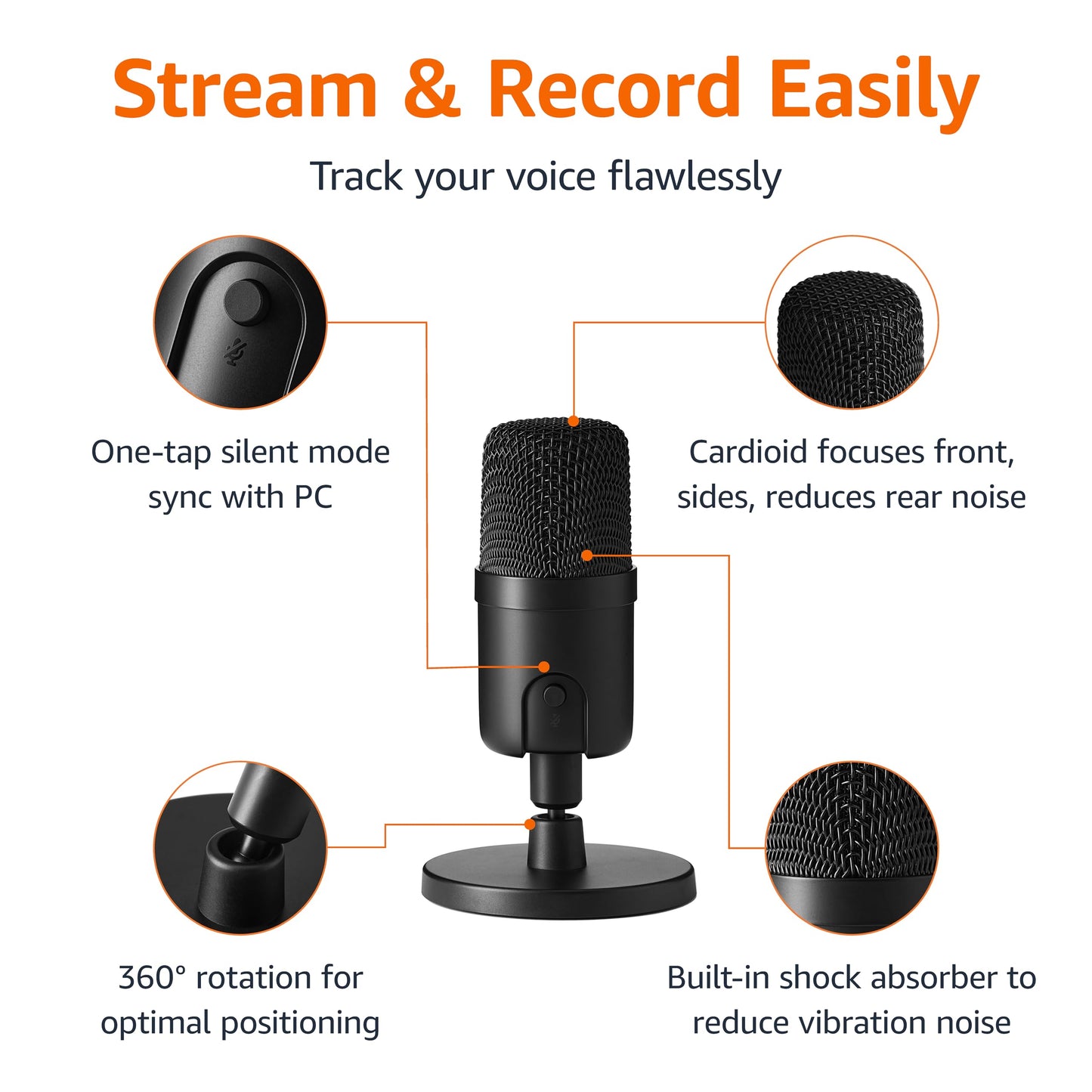 Amazon Basics USB Condenser Microphone for Streaming, Recording, and Podcasting on PC, Plug and Play, Cardioid Pickup, Adjustable Stand with 360° Rotation, 5.8 x 3.4 inches, Black