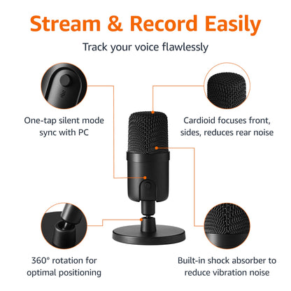 Amazon Basics USB Condenser Microphone for Streaming, Recording, and Podcasting on PC, Plug and Play, Cardioid Pickup, Adjustable Stand with 360° Rotation, 5.8 x 3.4 inches, Black