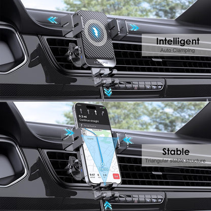 Cargador inalámbrico para coche MOKPR de 15 W, carga rápida, sujeción automática, soporte para teléfono en la rejilla de ventilación, compatible con iPhone 16/15/14/13/13 Pro/12 Pro/12/11, Samsung Galaxy S23/S22/S21/S20, etc.
