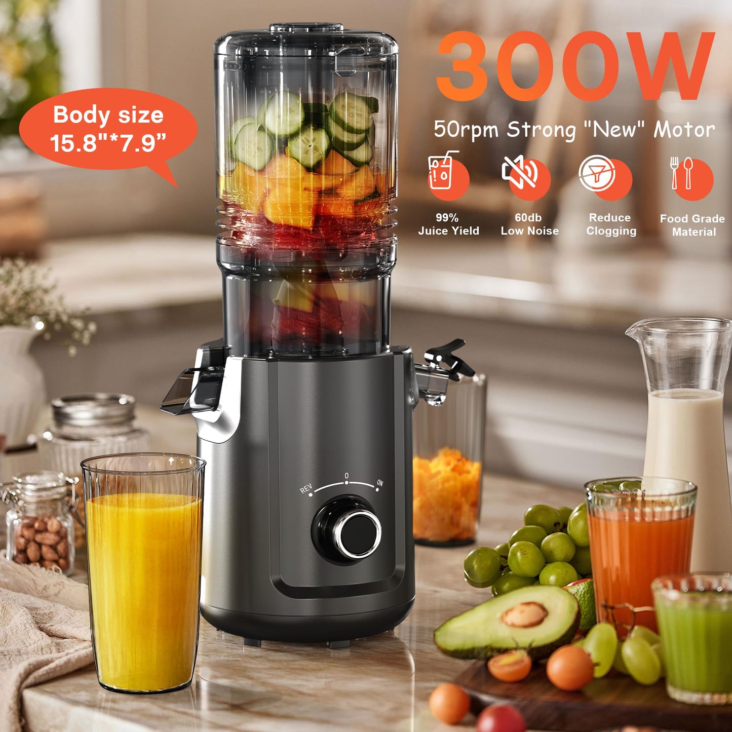 Hobsir Juicer Machines, 5.3-Inch Cold Press Juicer, Masticating Slow Juicer Machines with 300W, Large Feed Chute Juice Machines for Vegetables and Fruits, Easy to Clean Juicers, High Juice Yield Black
