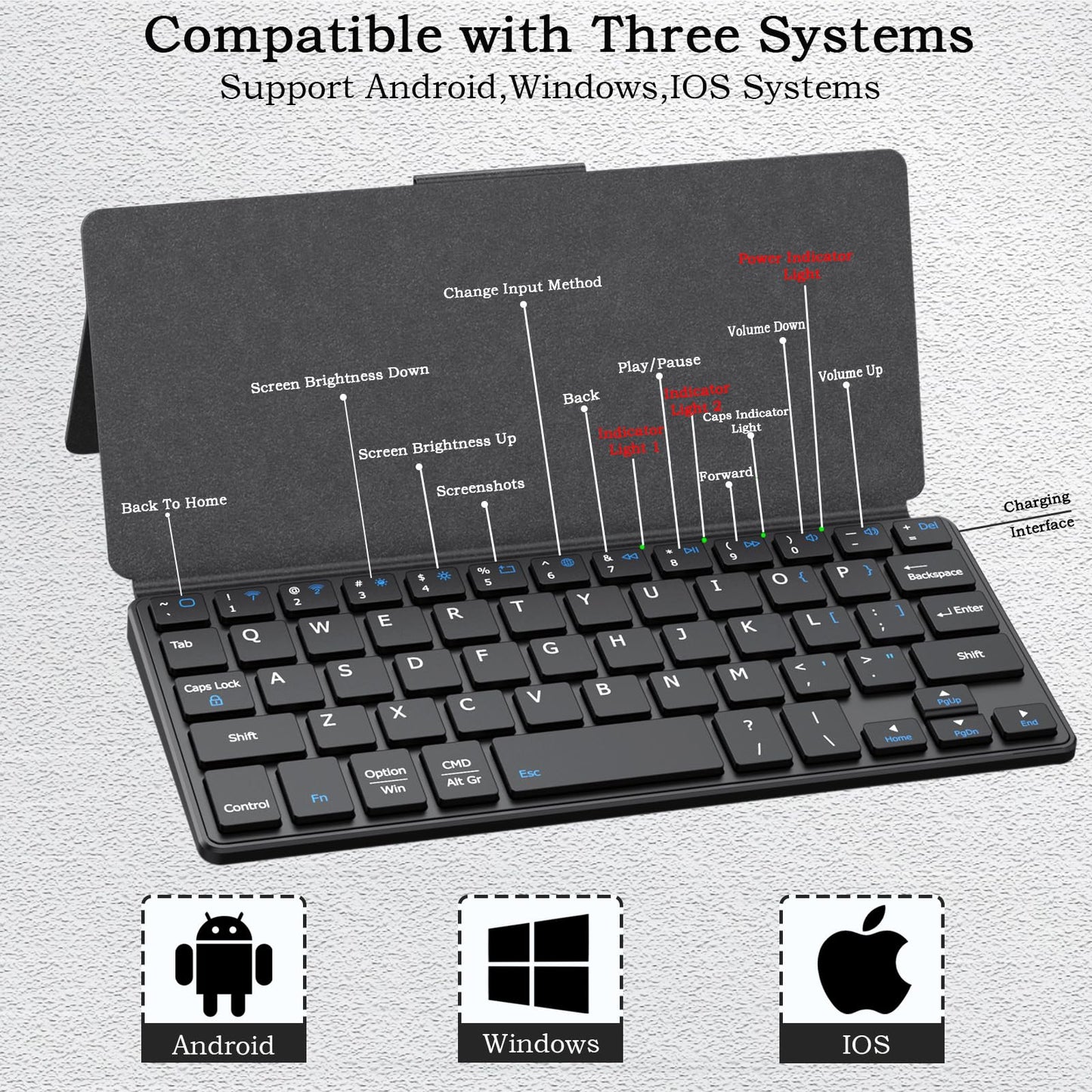Teclado inalámbrico portátil ultraligero Luntak, miniteclado Bluetooth delgado multidispositivo con soporte angular y funda de cuero, teclado de viaje plegable recargable para iPad/PC/Android/Windows/iOS (negro)