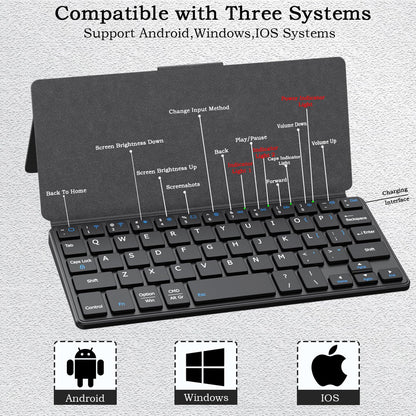 Teclado inalámbrico portátil ultraligero Luntak, miniteclado Bluetooth delgado multidispositivo con soporte angular y funda de cuero, teclado de viaje plegable recargable para iPad/PC/Android/Windows/iOS (negro)