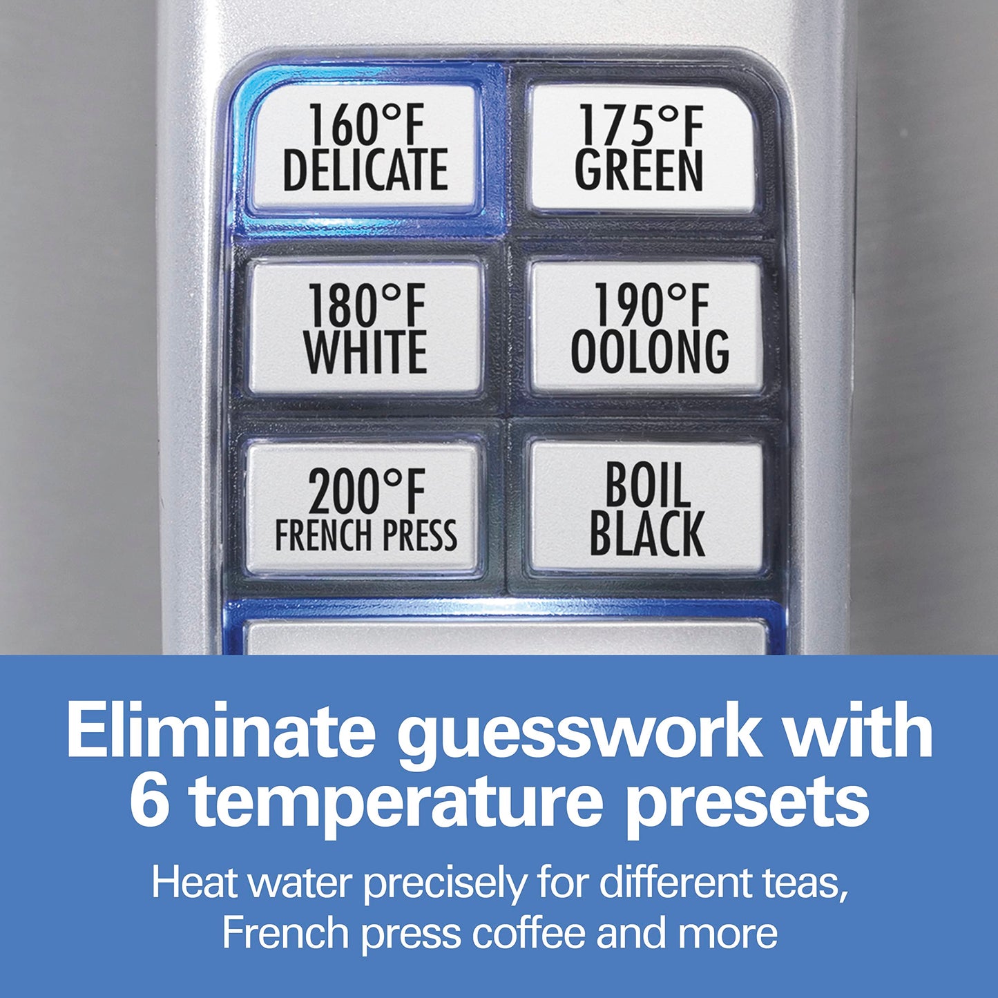 Hervidor eléctrico Hamilton Beach de 1,7 litros con control de temperatura, calentador de agua, rápido, 1500 vatios, sin BPA, inalámbrico, apagado automático y protección contra ebullición en seco, acero inoxidable (41020R)
