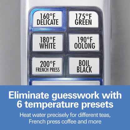 Hervidor eléctrico Hamilton Beach de 1,7 litros con control de temperatura, calentador de agua, rápido, 1500 vatios, sin BPA, inalámbrico, apagado automático y protección contra ebullición en seco, acero inoxidable (41020R)
