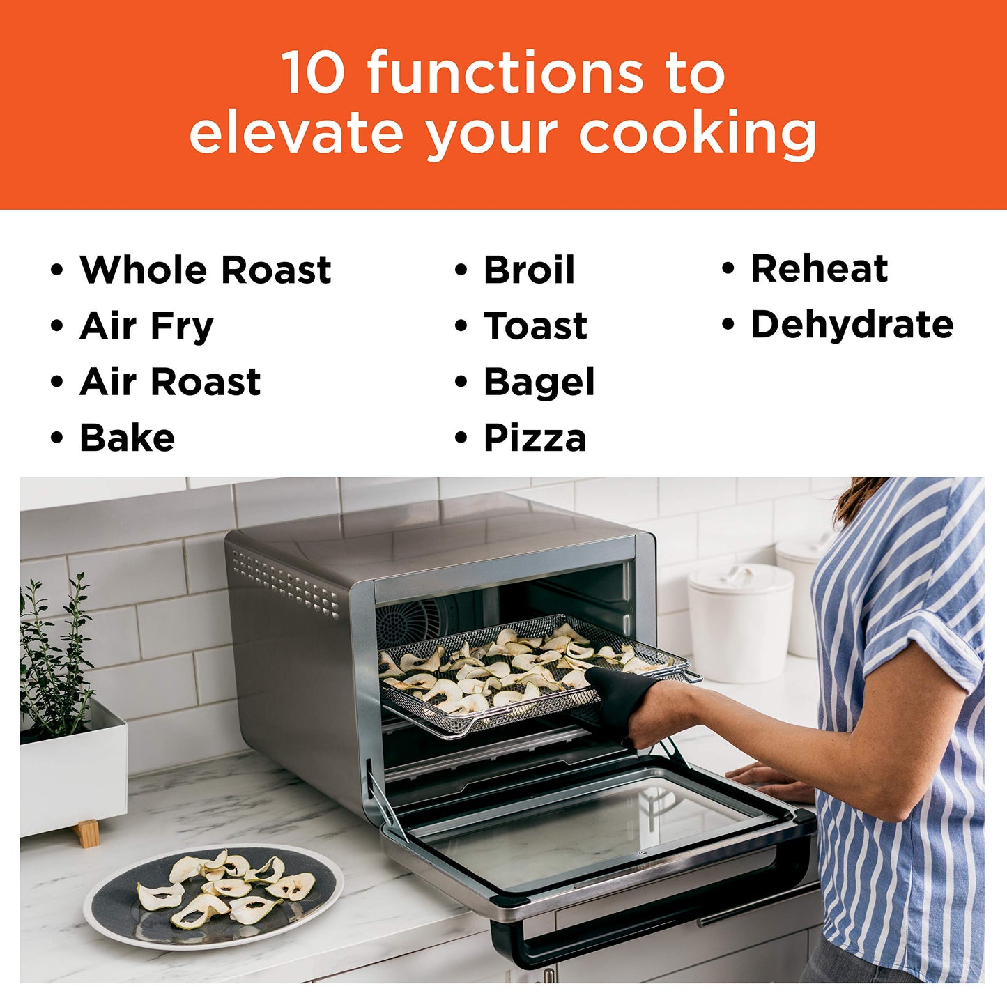 Freidora de aire y horno tostador Ninja, serie Foodi, horno de aire XL Pro de convección para encimera de cocina, funciones 10 en 1, capacidad para pollo de 2,2 kg y bandeja para verduras, 1800 vatios, acero inoxidable, DT201