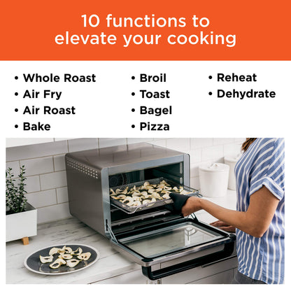 Freidora de aire y horno tostador Ninja, serie Foodi, horno de aire XL Pro de convección para encimera de cocina, funciones 10 en 1, capacidad para pollo de 2,2 kg y bandeja para verduras, 1800 vatios, acero inoxidable, DT201